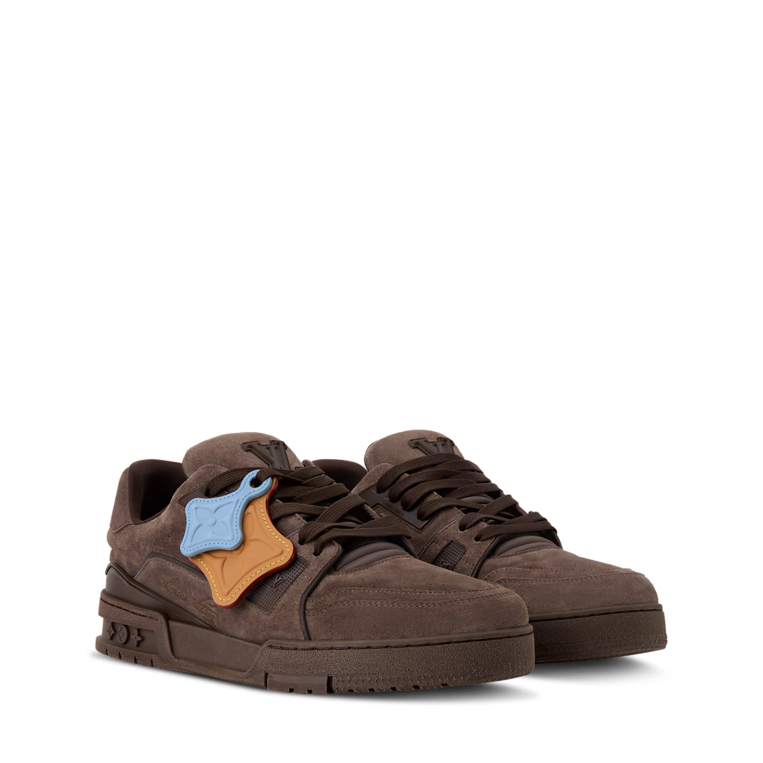 LV Trainer Distressed Sneaker Vintage-Effect SuedeCcalf Leather Brown